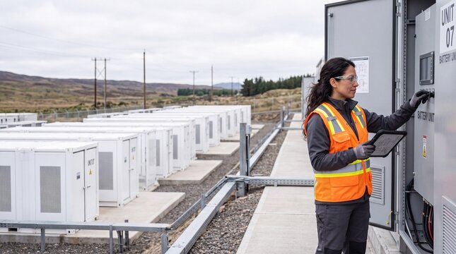Engineer operating control cabinet at utility scale battery power storage site. Adult hispanic female specialist monitoring renewable energy grid equipment with digital tablet outdoors.
