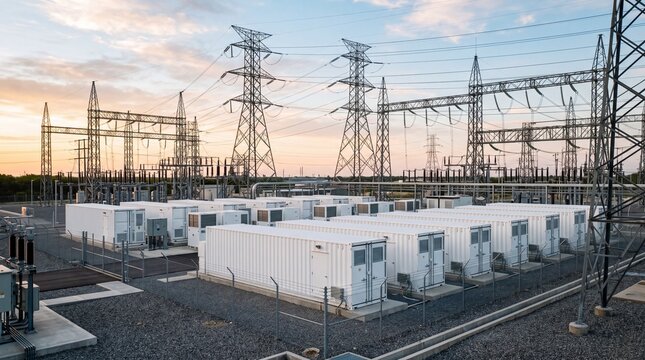 Industrial battery energy storage system containers installed beside high voltage transmission towers at sunset. Electrical power grid substation facility supporting renewable clean energy supply.