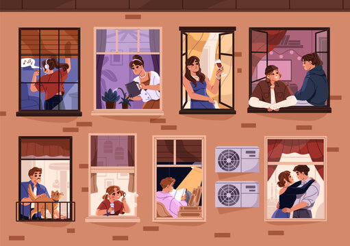 Facade of house with people inside their apartments. Brick building with neighbors in windows frames. Open windows with neighbours. Condo community. Neighborhood in city. Happy neighbors at home