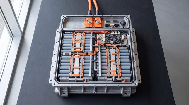 Lithium ion battery pack with modular cells wiring harness and management system circuit board, representing electric vehicle mobility, clean energy storage and power grid development.