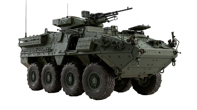 Olive green Stryker armored combat vehicle with eight wheels and mounted machine gun