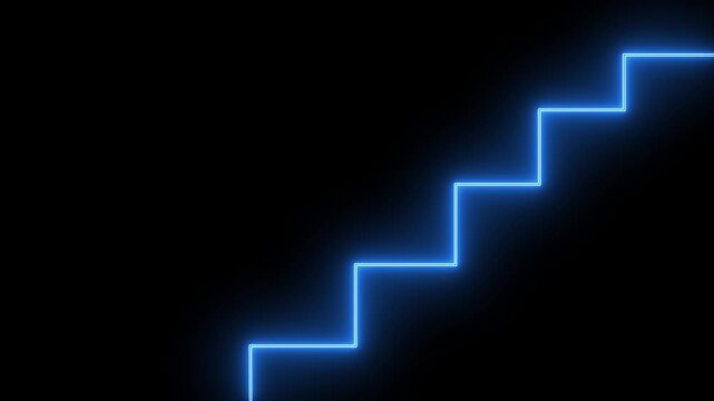 Staircase animation displays ascending steps in blue neon. Business career development steps guide the staircase animation. Achievement milestones rise across this active staircase animation.