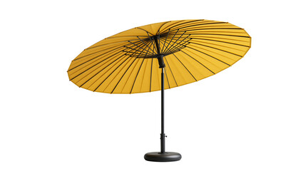 Yellow paper parasol with black bamboo frame and sturdy circular base stand © Andrei