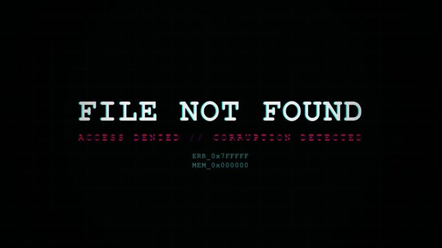 Corrupted Data File Not Found Glitch Screen for Cyber Crime and IT Failure Storytelling . Perfect conceptual b-roll for tech documentaries, digital forensics videos, and IT security presentations. 
