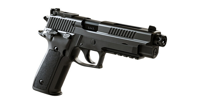Modern black semi-automatic pistol with threaded barrel and tactical rail