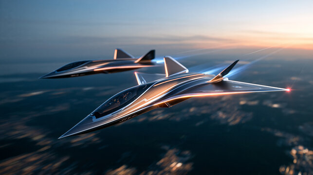 Pair of fast interceptor drones flying in formation through dusk sky, clean cinematic atmosphere, strategic air defense concept