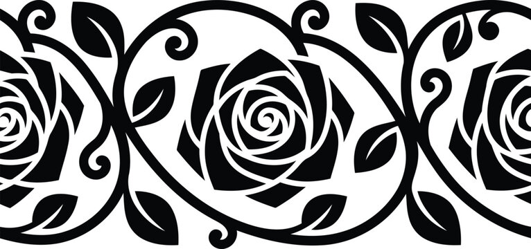 Seamless decorative border pattern featuring elegant black roses and swirling vine leaves on a white background