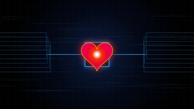 A vibrant red glowing neon heart pulses rhythmically in the center of a dark blue digital grid background featuring circuit data lines and cyber matrix codes representing technological love and virtua