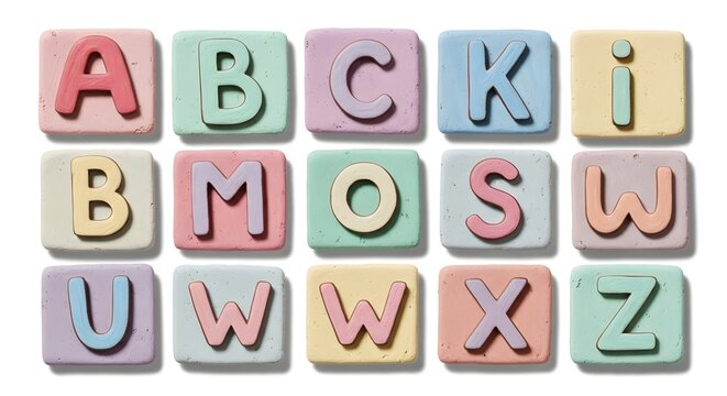 Alphabet Blocks Arrangement Displaying Letters A, B, C, I, K, M, O, S, U, W, X, Z in Pastel Hues