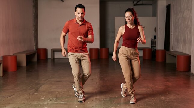 Two adult Merengue dancers rehearsing synchronized fast basic steps with authentic hip rhythm, paprika athletic polo and beige trousers, geometric studio red rim light