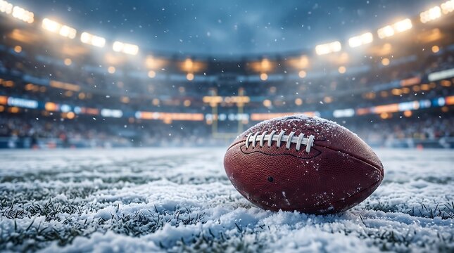 American football sitting on a snowy field inside a brightly lit stadium during a winter game, NFL, Super Bowl, NFL 2027, Super Bowl 2027, American Football 2027, NFL Football, NFL Playoffs.
