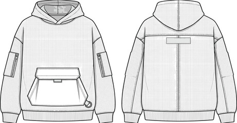 Techwear hoodie fashion flat sketch template front and back view with cargo pockets vector illustration © Khademul