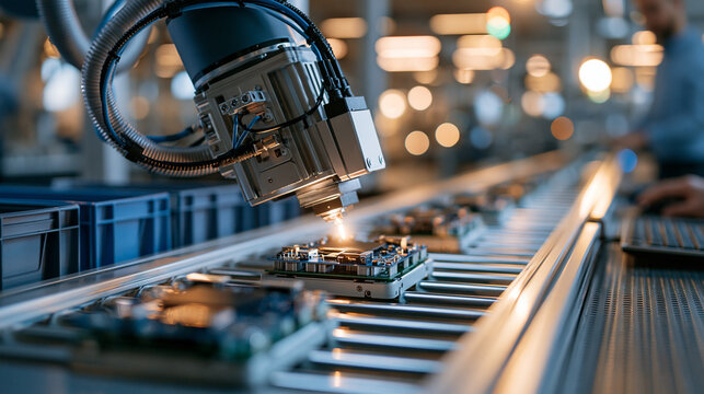 Wide shot of modern production line with several variant products moving down the conveyor, neatly organized component bins along the wall