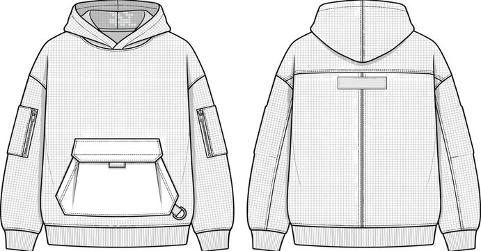 Techwear hoodie fashion flat sketch template front and back view with cargo pockets vector illustration