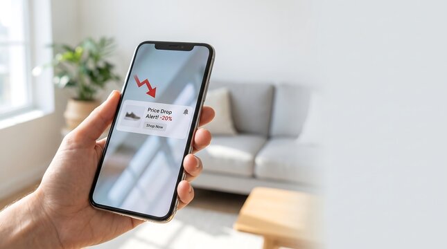 Person holding a smartphone displaying a price drop notification in a home