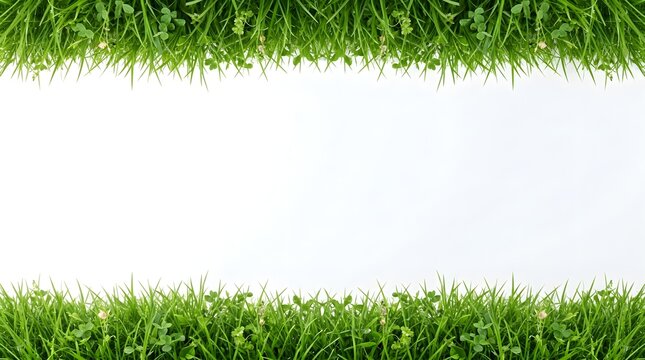 Fresh green grass border top and bottom against white background with isolated botanical background wallpaper