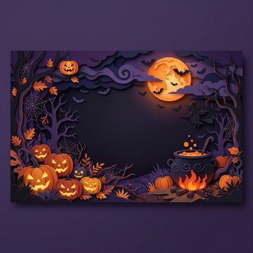 Halloween paper cut background with spooky pumpkins, glowing full moon over witch cauldron, dark purple forest papercraft scene for holiday greeting cards