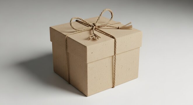 A simple brown cardboard gift box tied with a rustic twine bow, isolated on a plain white background with subtle shadow