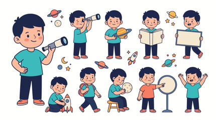 Fototapeta premium Little Boy Astronomer Set with Telescope Planets and Space Elements Vector Illustration