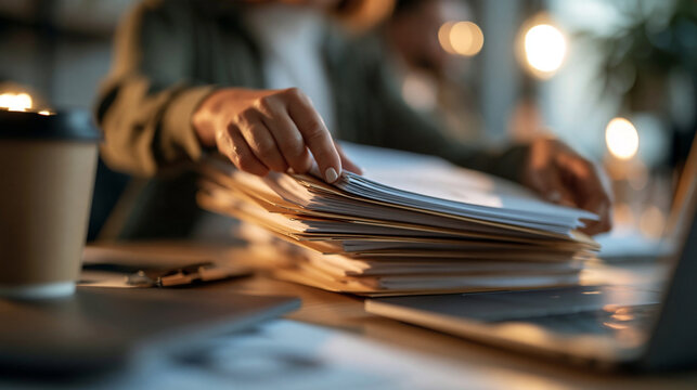 Compliance officer hands organizing a stack of audit folders on a desk, coffee cup and laptop in frame