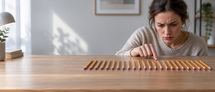 Woman meticulously aligning pencils on wooden desk