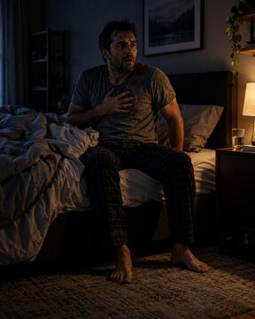 Man waking from nightmare with chest pain and distress