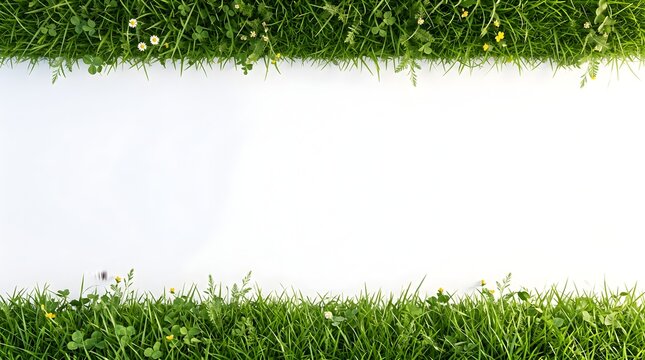 Lush green grass border on white background with background vegetation botanical isolated