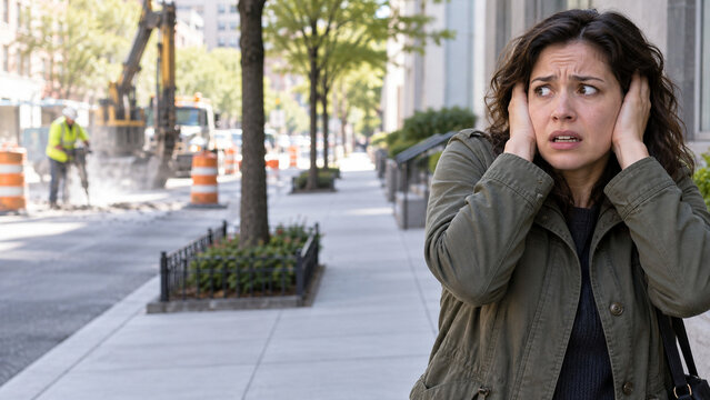 Woman covering ears from loud construction noise on city street
