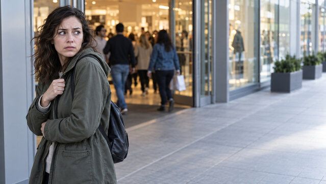Woman with anxiety avoiding crowded store entrance