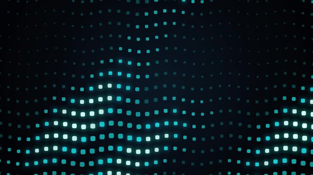 A digital background featuring undulating rows of glowing cyan and white led pixels that create a futuristic flowing wave pattern across a dark blue virtual space ideal for many high tech media concep