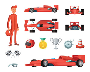 Fototapeta premium Red formula racing car views with driver helmet trophy medal and checkered flags cartoon vector set
