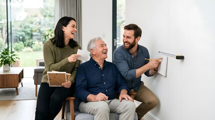 Fototapeta premium Happy family members measuring a blank wall for home renovation project