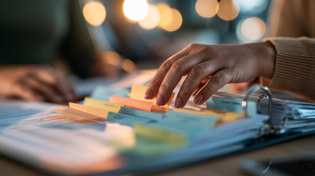 Close-up of hands organizing color-coded document tabs on a regulatory binder