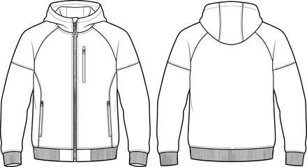 Zip up hooded jacket fashion flat sketch template front and back view vector illustration © Khademul