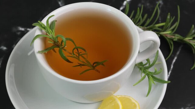 rosemary tea cup of herbal rosemary tea with lemon
