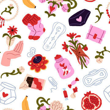 Seamless pattern of menstrual period elements. Endless background of sanitary pads, tampons and cups for women. Female health and care for women. Menstrual cycle and hygiene. Menstruation pattern