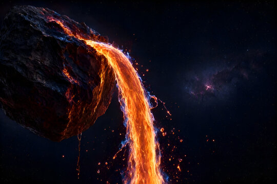 Surreal cosmic fiery waterfall flowing from dark planetoid with blue flame edge. Fire and plasma liquid waterfall cascading from giant rock in galaxy void