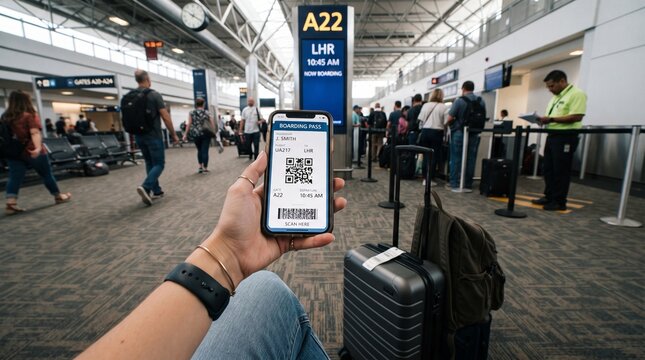 First-Person View of Holding a Digital Boarding Pass with QR Code at an Airport Gate