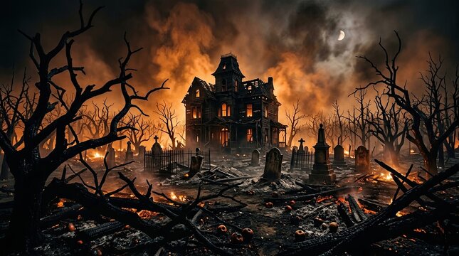Spooky Haunted Victorian Mansion in a Dark Graveyard Under a Moonlit Sky with Eerie Glowing Windows and Smoldering Embers in a Desolate Forest Setting at Night