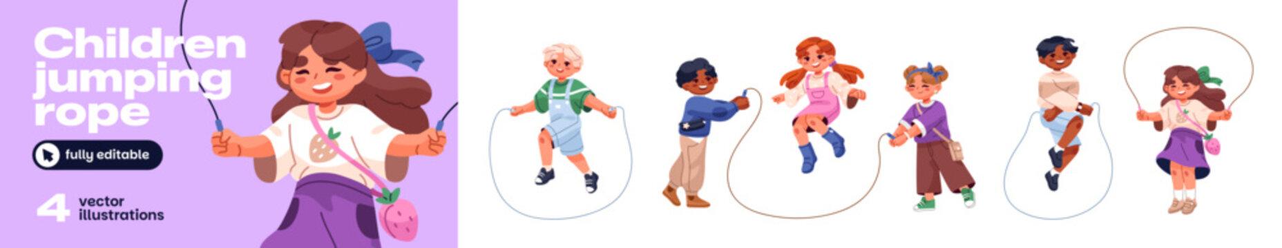 Children are jumping rope set. Cute little girls and boys are skipping rope. Happy kids play, jump, do sports exercises. Child sport on playground. Kids skip outdoors. Happy girls and boys play games