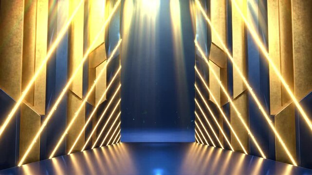 Dark blue stage with golden spotlight lines and glitter texture for award ceremony design. Realistic 3d abstract premium elegant glamour background template for anniversary or winner rewarding.