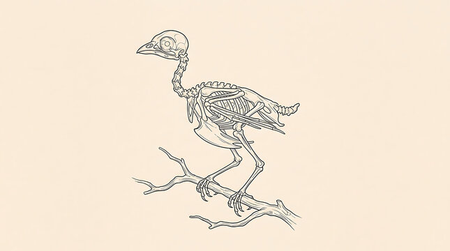 Scientific anatomical drawing of an avian bird skeleton perched on a branch vintage style sketch on a cream background texture