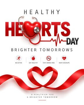 Healthy Hearts Day healthcare concept banner featuring a red stethoscope, heart shape, ECG pulse line and wellness lifestyle icons on a white background for cardiovascular health awareness.