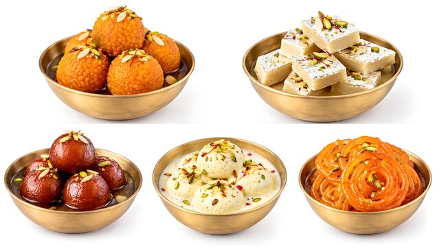 Traditional Indian Sweets Collection with Gulab Jamun, Jalebi, Barfi, Rasmalai and Motichoor Ladoo