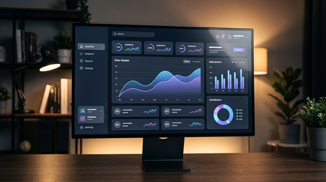 Computer monitor displaying a data analytics dashboard with charts and graphs