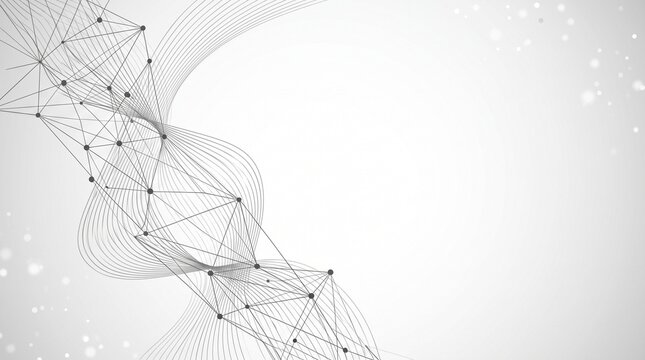 Abstract geometric network with connected nodes and flowing wave lines on a light gray background with vector