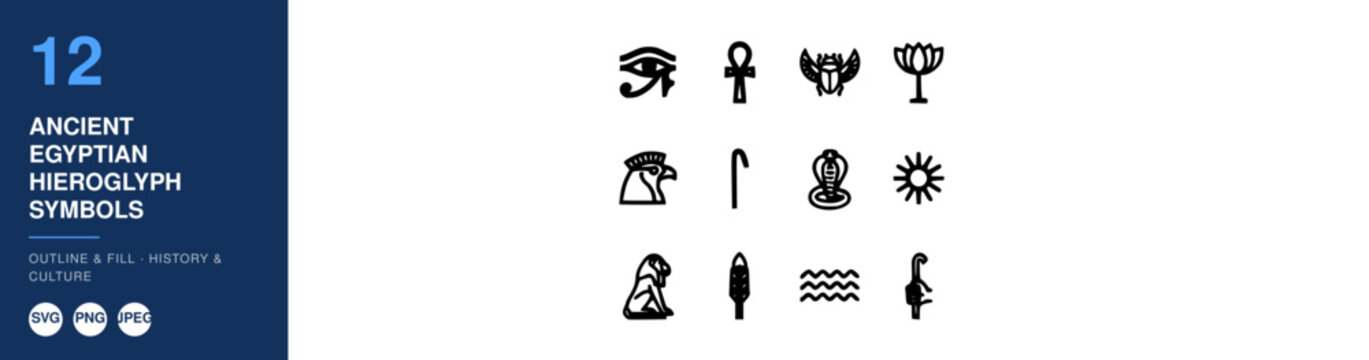 Ancient Egyptian Hieroglyphs Set, Detailed Symbols Collection. History Illustration, Culture Design