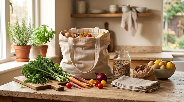Canvas grocery bag filled with fresh vegetables on a kitchen counter