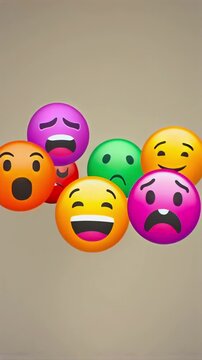 Emoji cluster morphing vertical view with mixed faces, shifting expressions and soft background for mood change, customer sentiment, social reaction, feedback survey, and communication media