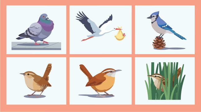 Flat Set Collection of Six Different Birds Illustration